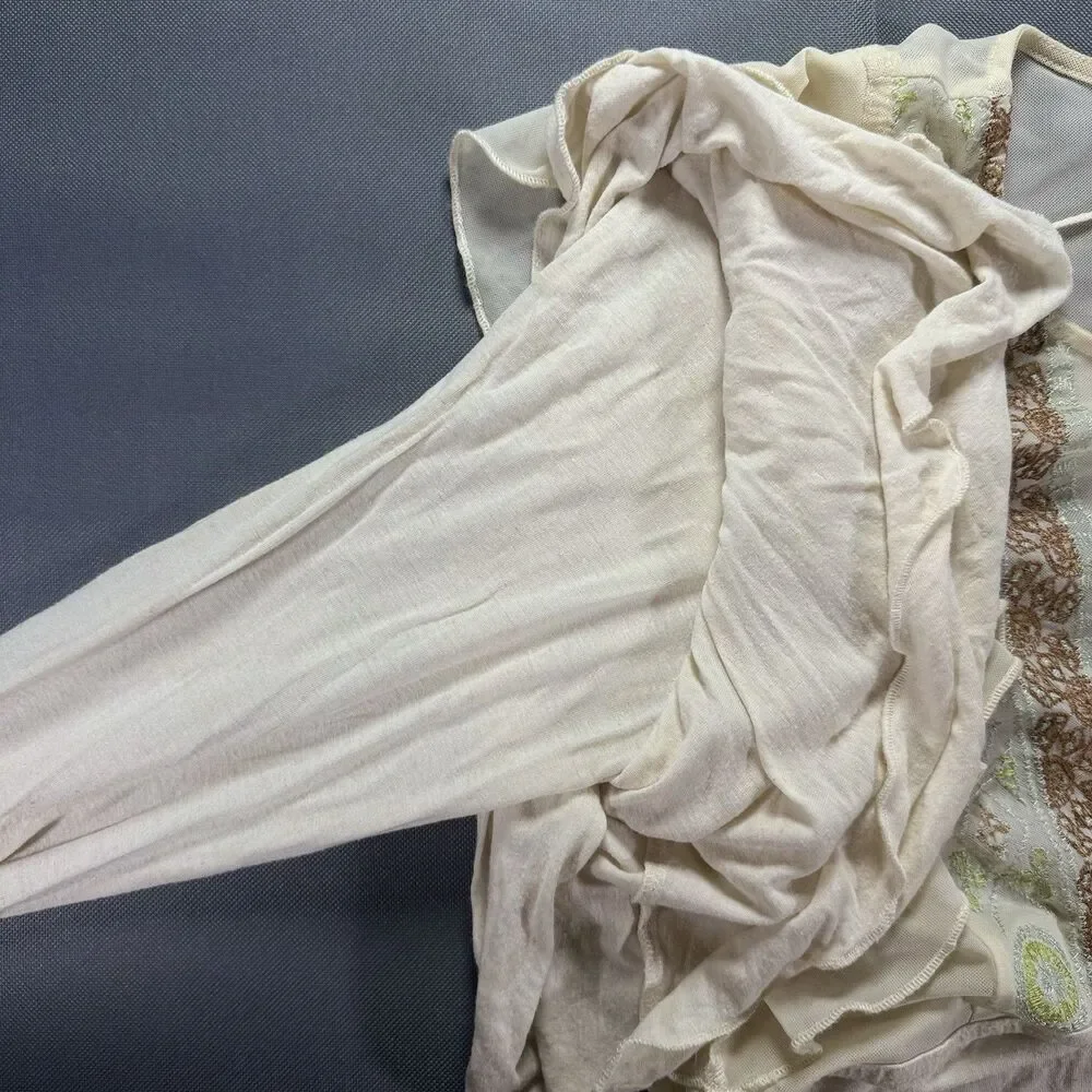 Free People Women Sz M Cream Embroidered Nylon Panel Ruffle Sleeve Top